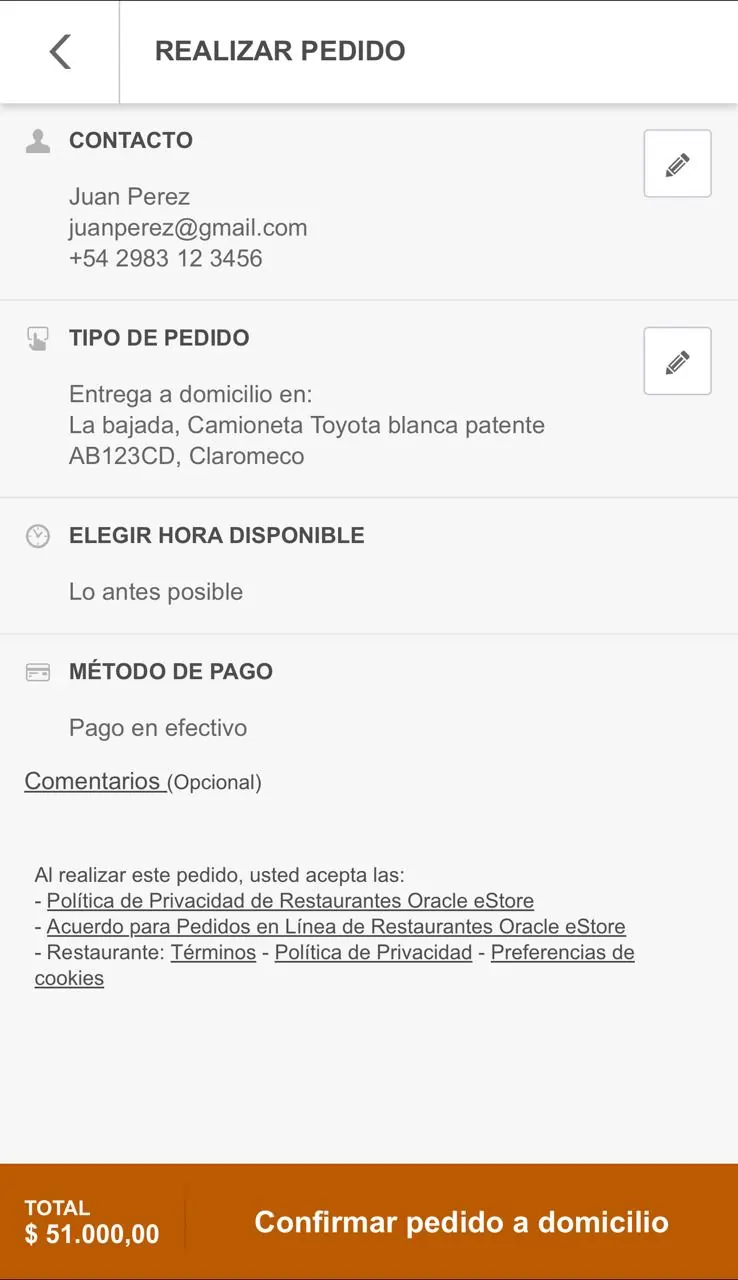 Pantalla de confirmación de pedido verificando datos de contacto